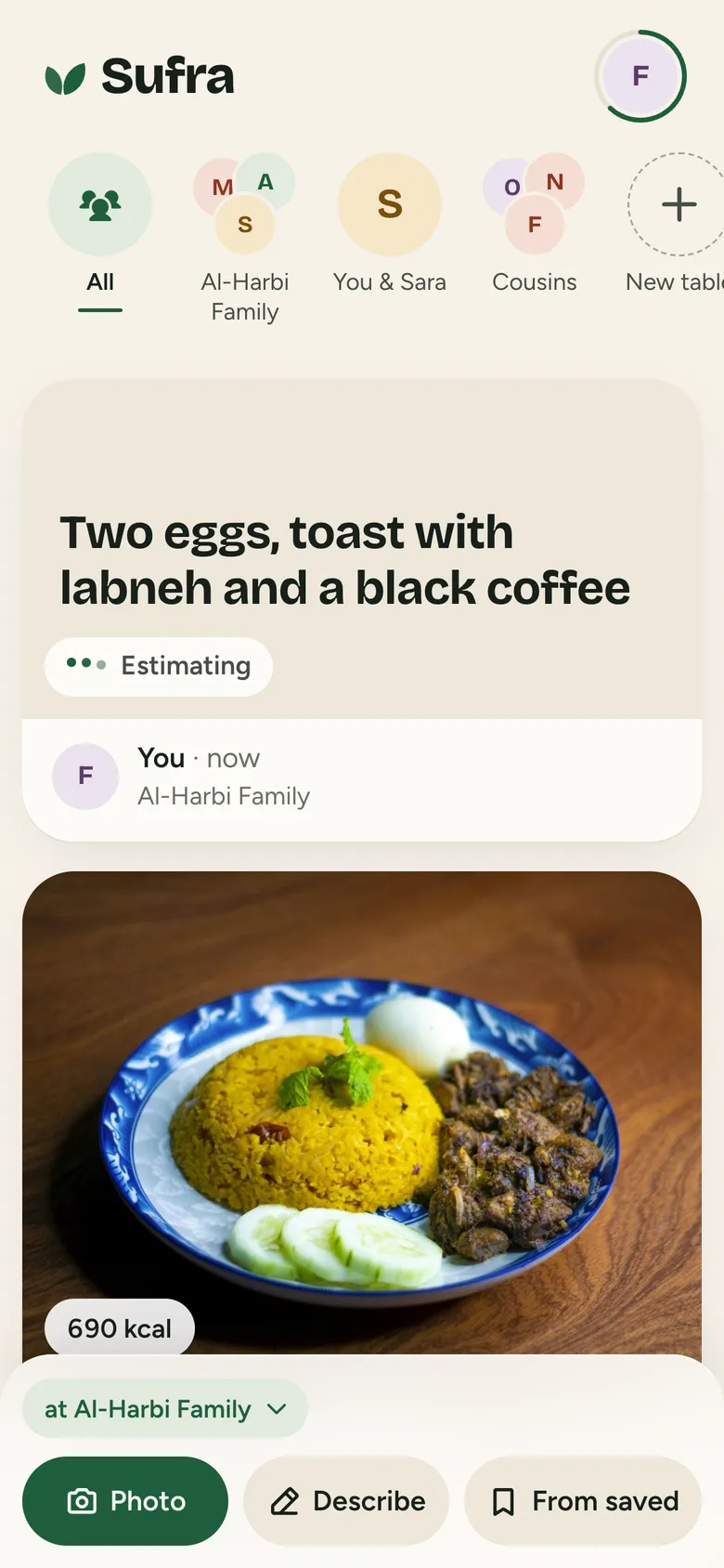 A described meal on the table, estimating its calories