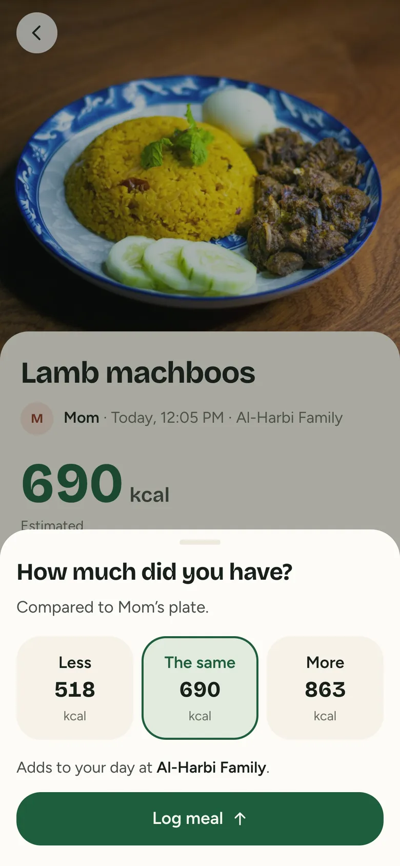 Logging the same dinner as your mother, in your own portion